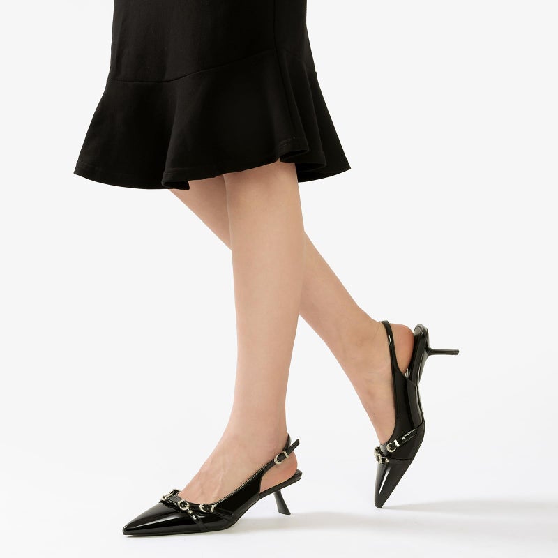 Mostrin Black Kitten Heels for Women Sexy Pointed Toe Slingback Low Heels Dressy Pumps Shoes with Buckle for Party Size 8 - Image 2