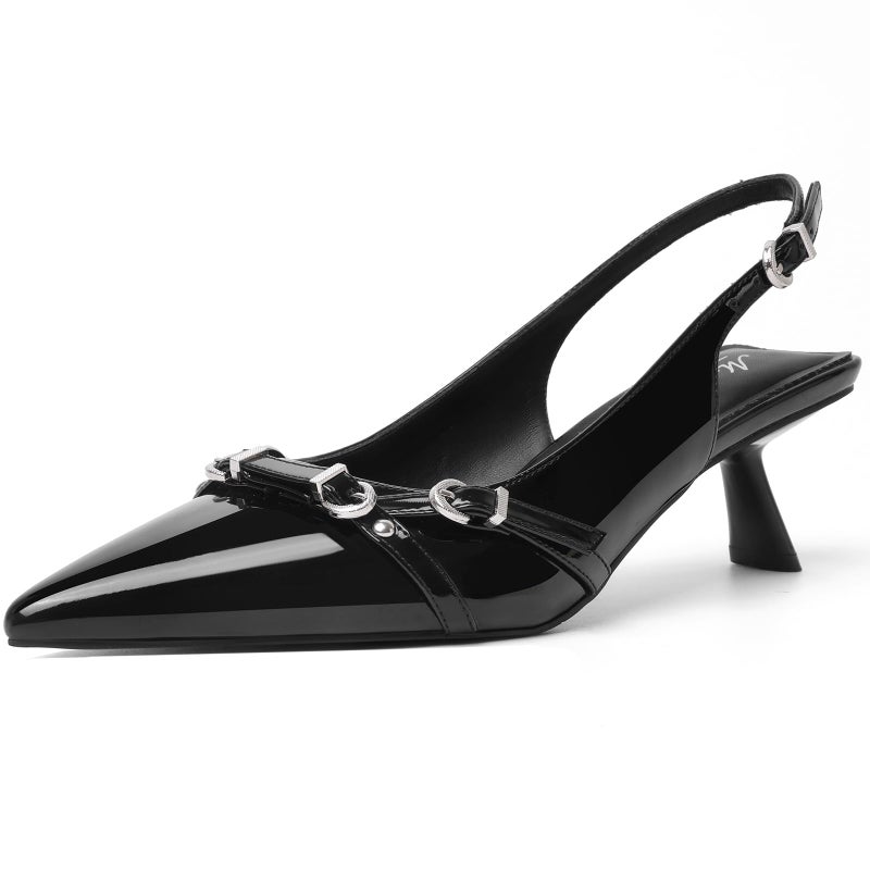 Mostrin Black Kitten Heels for Women Sexy Pointed Toe Slingback Low Heels Dressy Pumps Shoes with Buckle for Party Size 8 - Image 1