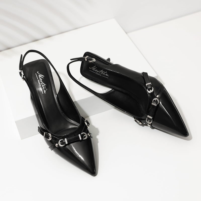 Mostrin Black Kitten Heels for Women Sexy Pointed Toe Slingback Low Heels Dressy Pumps Shoes with Buckle for Party Size 8 - Image 4