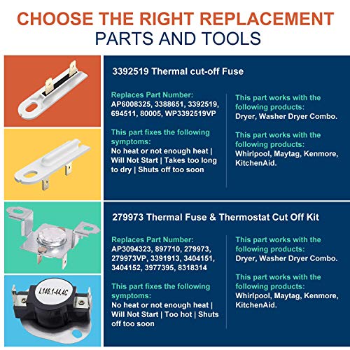 LFORBB 3387747 Dryer Heating Element & 279816 Thermostat Kit & 279973 3392519 Thermal Cut-Off Fuse Kit, Compatible with Kenmore Whirlpool Maytag MEDB835DW4 GEW9250PW0, Replace AP6008281 PS11741416 WP3387747 - Image 5