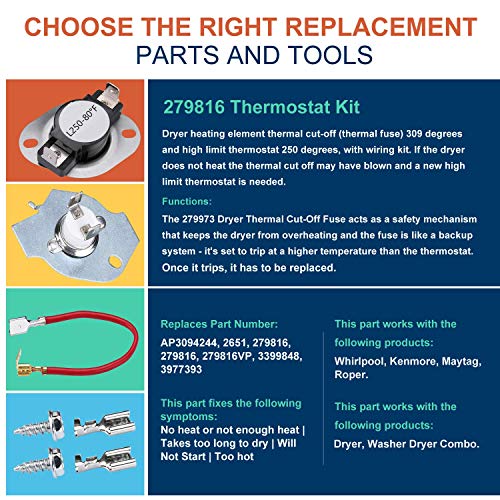 LFORBB 3387747 Dryer Heating Element & 279816 Thermostat Kit & 279973 3392519 Thermal Cut-Off Fuse Kit, Compatible with Kenmore Whirlpool Maytag MEDB835DW4 GEW9250PW0, Replace AP6008281 PS11741416 WP3387747 - Image 4