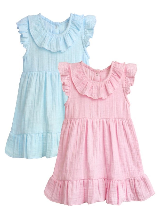 Kidbea® Baby Girls Midi/Knee Frocks | Birthday Gift | Summer Dress | New Cute Trendy Frock Made with 100% Linen Fabrics Blue & Pink (2-3 Years) - Image 1