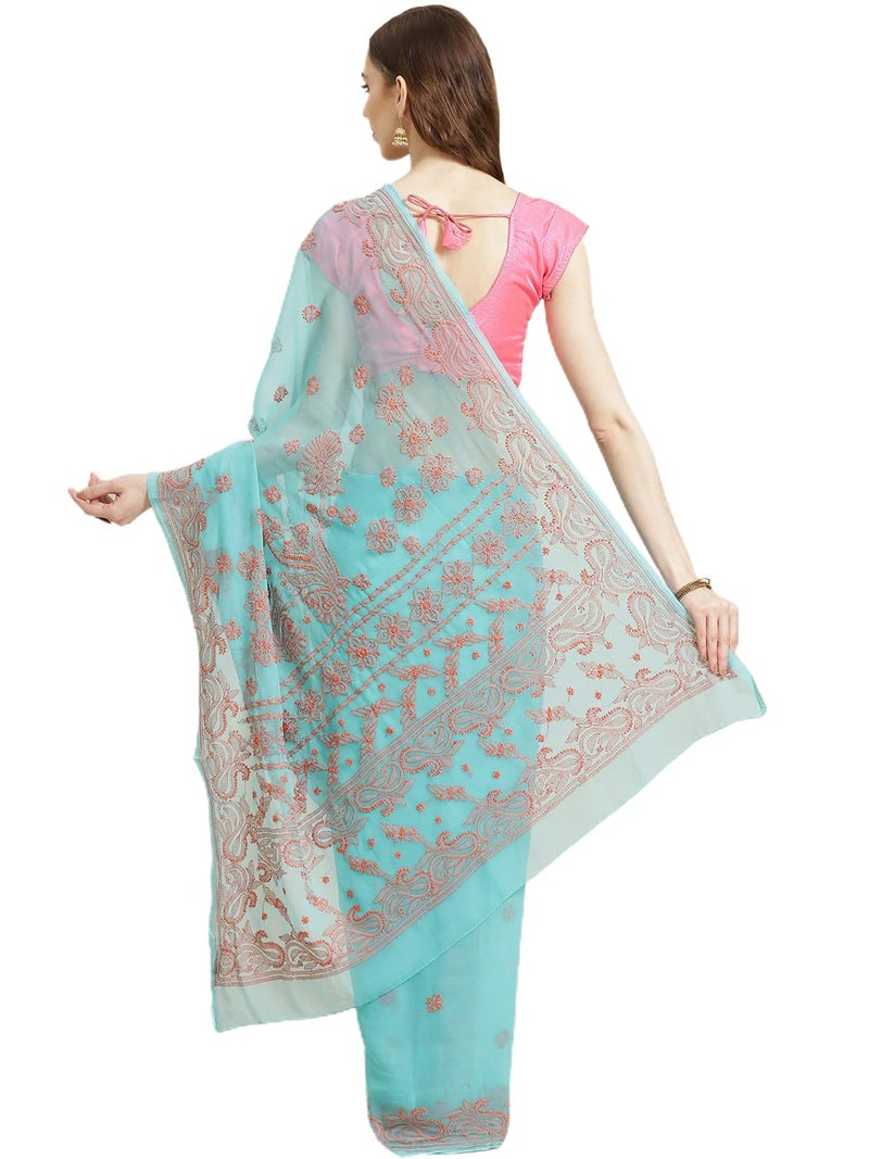 Ada Hand Embroidered Lucknowi Chikankari Georgette with Unstitched Blouse Piece for Women A311192 Sea Green - Image 2