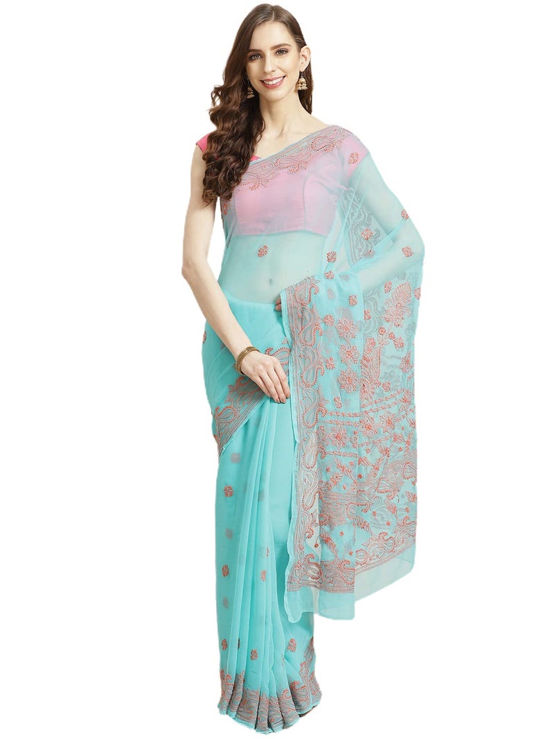 Ada Hand Embroidered Lucknowi Chikankari Georgette with Unstitched Blouse Piece for Women A311192 Sea Green - Image 1