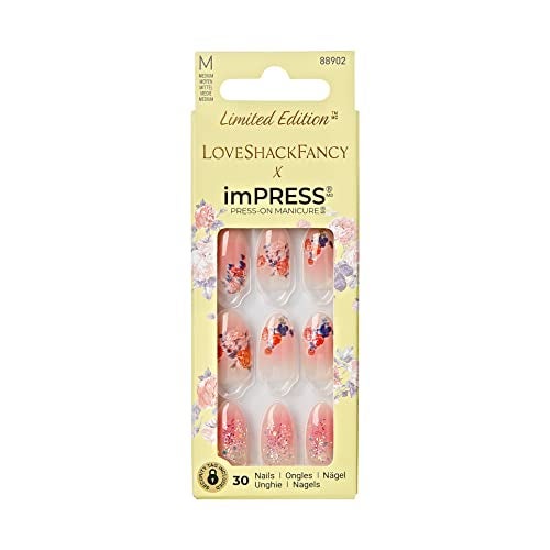 Impress KISS LoveShackFancy x imPRESS PressOn Manicure Limited Edition Style Citrus Candy Medium Almond Pink PressOn Nails Includes Prep Pad Mini Nail File Cuticle Stick 30 Fake Nails - Image 1