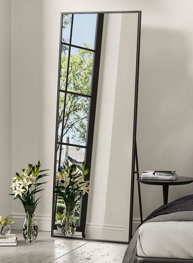 YSSOA Full Length Mirror, Floor Mirror, Standing Mirror, Leaning Mirror, Full Body Mirror, Large Mirror, Bedroom Mirror with Black Aluminium Frame, Black, 65"x22" - Image 1