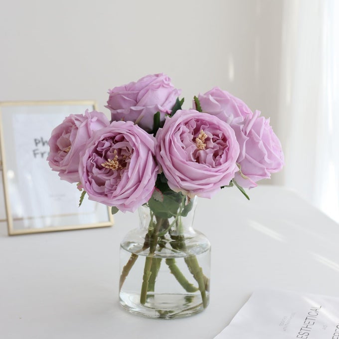 FAKE AUSTIN ROSE PEONIES FLOWERS WITH VASE CLEAR GLASS VASE WITH PURPLE REAL TOUCH PEONIES ARTIFICIAL FLOWERS HOME DECOR