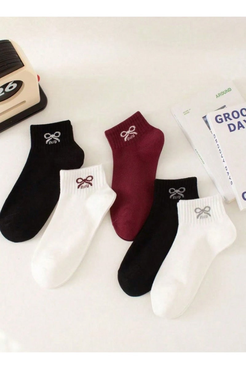 جوارب نسائية قصيرة – طقم 5 أزواج | قماش قطني ناعم | تصميم فيونكة  | نمط كوري كاجوال للارتداء اليومي - Image 3