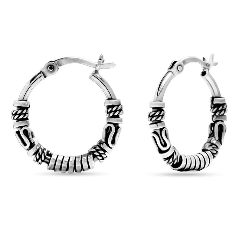 LeCalla 925 Sterling Silver Balinese Hoop Earrings for Women | Bali-Inspired Tribal Coil & Rope Design Bali Hoop Earring | Click-Top Bali Hoop Earrings 17MM - Image 1