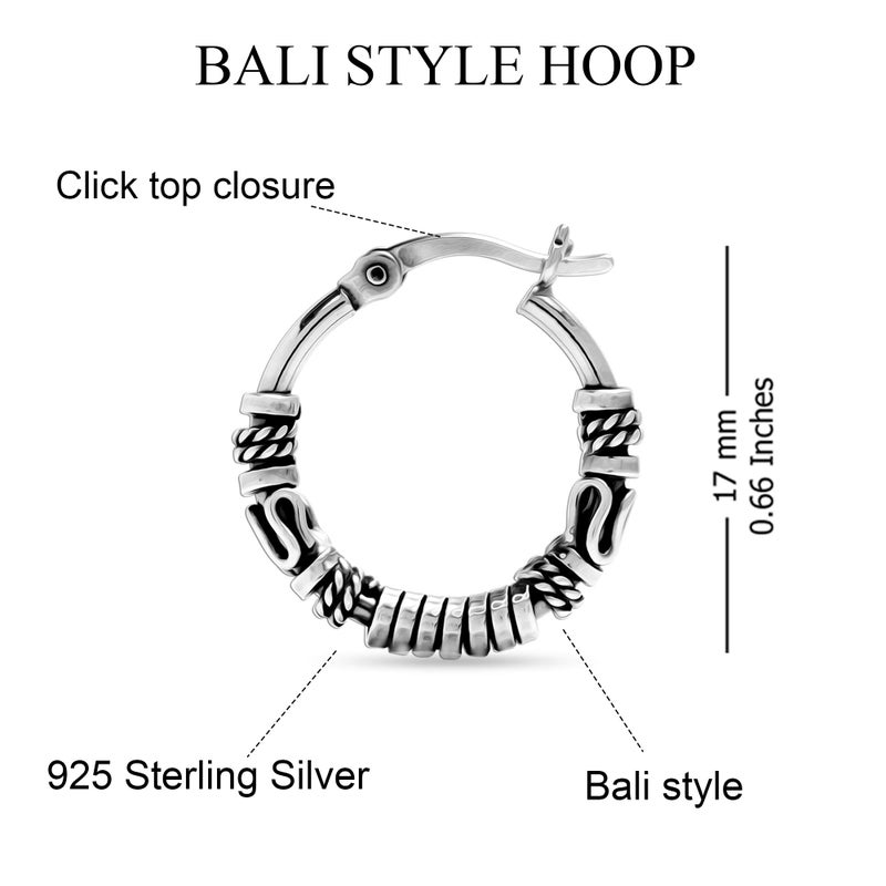 LeCalla 925 Sterling Silver Balinese Hoop Earrings for Women | Bali-Inspired Tribal Coil & Rope Design Bali Hoop Earring | Click-Top Bali Hoop Earrings 17MM - Image 4