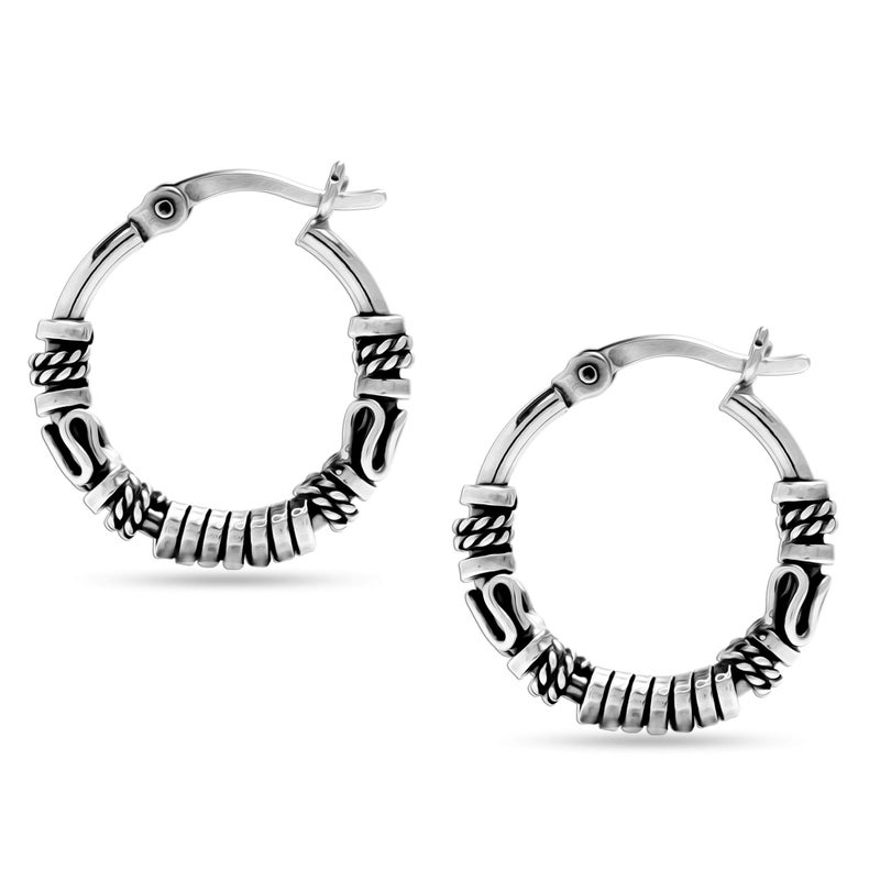 LeCalla 925 Sterling Silver Balinese Hoop Earrings for Women | Bali-Inspired Tribal Coil & Rope Design Bali Hoop Earring | Click-Top Bali Hoop Earrings 17MM - Image 5