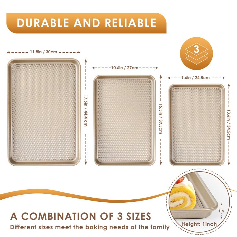 Deedro Baking Sheet Pan Set of 3, Nonstick Carbon Steel Cookie Sheets with Texture, Commercial Half/Quarter/Jelly Roll Pans Replacement Toaster Oven Tray, Heavy Duty & Easy Clean, Champagne Gold - Image 2