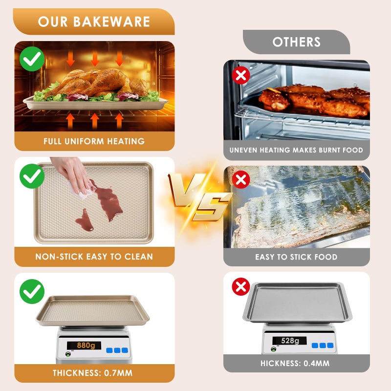 Deedro Baking Sheet Pan Set of 3, Nonstick Carbon Steel Cookie Sheets with Texture, Commercial Half/Quarter/Jelly Roll Pans Replacement Toaster Oven Tray, Heavy Duty & Easy Clean, Champagne Gold - Image 3