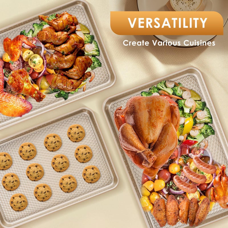 Deedro Baking Sheet Pan Set of 3, Nonstick Carbon Steel Cookie Sheets with Texture, Commercial Half/Quarter/Jelly Roll Pans Replacement Toaster Oven Tray, Heavy Duty & Easy Clean, Champagne Gold - Image 4