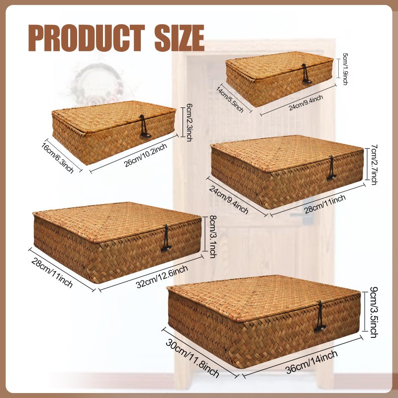 SENONAPO 5 Pcs Seagrass Basket with Lid 5 Sizes Decorative Storage Boxes Rattan Wicker Storage Basket with Lids Woven Organizer Baskets Multipurpose Flat Storage Bins for Shelf Closet Bedroom (Brown) - Image 2