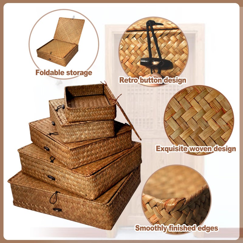 SENONAPO 5 Pcs Seagrass Basket with Lid 5 Sizes Decorative Storage Boxes Rattan Wicker Storage Basket with Lids Woven Organizer Baskets Multipurpose Flat Storage Bins for Shelf Closet Bedroom (Brown) - Image 3