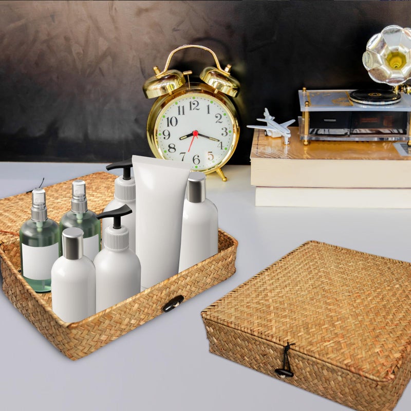 SENONAPO 5 Pcs Seagrass Basket with Lid 5 Sizes Decorative Storage Boxes Rattan Wicker Storage Basket with Lids Woven Organizer Baskets Multipurpose Flat Storage Bins for Shelf Closet Bedroom (Brown) - Image 4