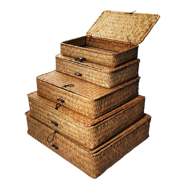 SENONAPO 5 Pcs Seagrass Basket with Lid 5 Sizes Decorative Storage Boxes Rattan Wicker Storage Basket with Lids Woven Organizer Baskets Multipurpose Flat Storage Bins for Shelf Closet Bedroom (Brown) - Image 1