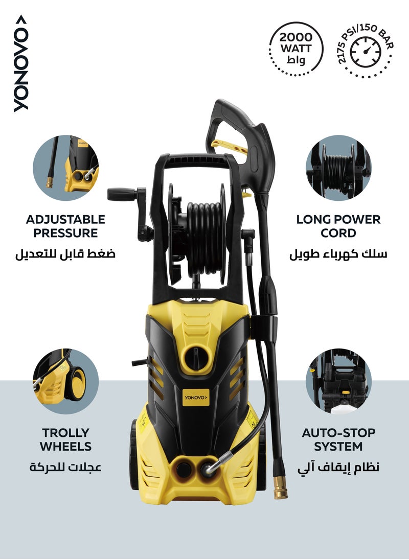 YONOVO Heavy Duty High Pressure Washer 2000W| Electric Pressure Washer for Car, Home,Garden| Cleaner with Tigger gun,Hose and Soap Dispenser,Nozzle cleaning needle-Black,Yellow  - Image 2