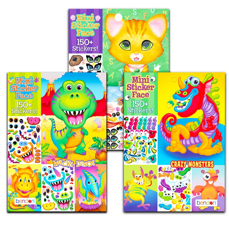 Bendon Make a Face Sticker Books for Kids - Bundle with 3 Sticker Face Books with 450+ Stickers Featuring Dinosaurs, Silly Pets, and Monsters - Image 1