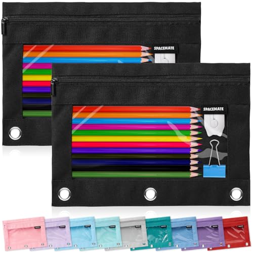 SPACEMATE 2 Pack Binder Pencil Pouch Case Box Bag for 3 Ring Binder School Supplies Girls Boys Kids, Clear Preppy Stuff Large Aesthetic Pen Organizer, Back to College Stationary, Coal Black - Image 1