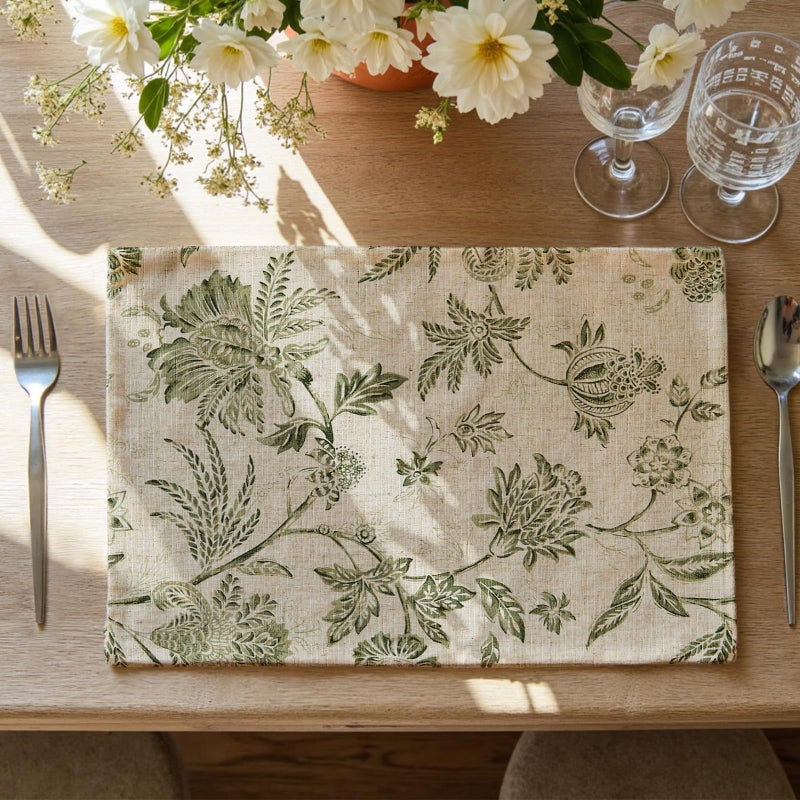 JINCHAN Linen Floral Fall Placemats Set of 4 Cloth Table Mats Rustic Cottagecore Jacobean Outdoor Seasonal for Kitchen Dining Table Decor Washable Tablemats 13x19 Inch Green - Image 1