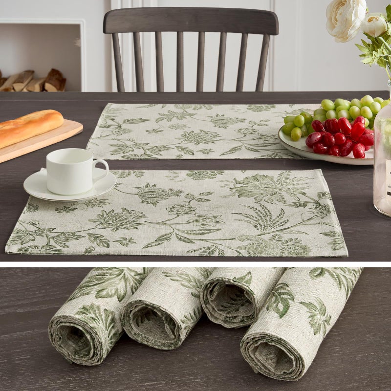 JINCHAN Linen Floral Fall Placemats Set of 4 Cloth Table Mats Rustic Cottagecore Jacobean Outdoor Seasonal for Kitchen Dining Table Decor Washable Tablemats 13x19 Inch Green - Image 3
