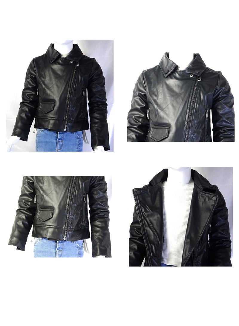 شلــــتر صناعة تركية فاخرة؛ جاكيت جلد للبنات بسحاب لون أسود سادة من مجموعة شلـــتر 35610 - Image 1