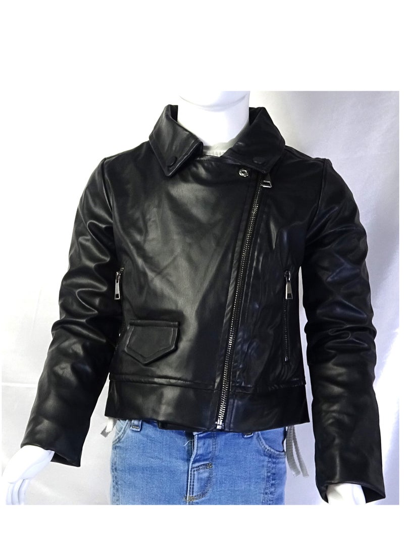 شلــــتر صناعة تركية فاخرة؛ جاكيت جلد للبنات بسحاب لون أسود سادة من مجموعة شلـــتر 35610 - Image 2