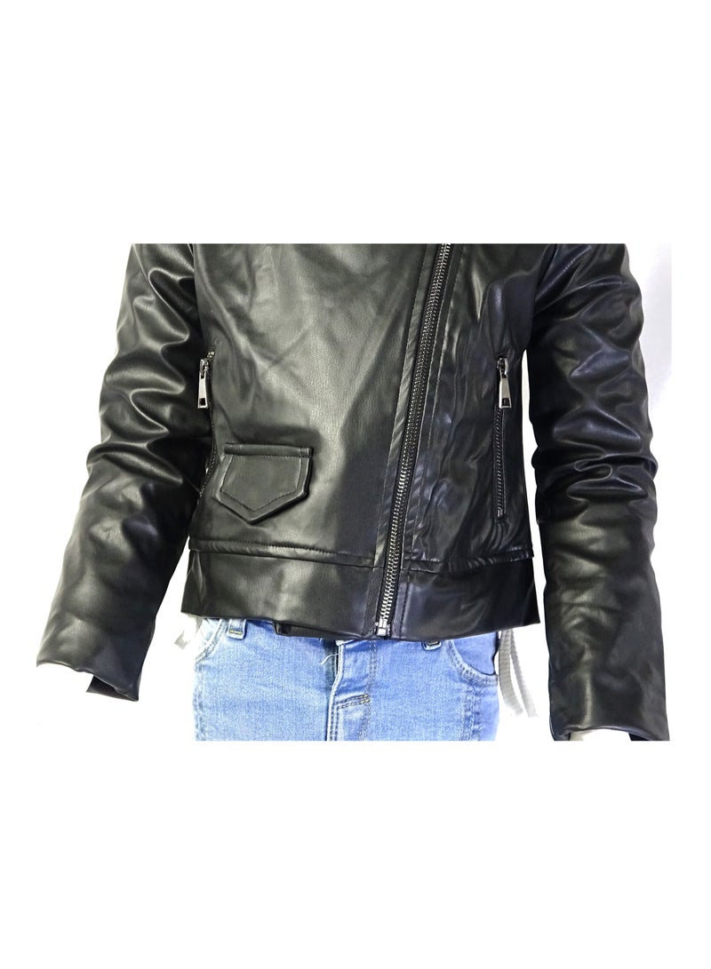 شلــــتر صناعة تركية فاخرة؛ جاكيت جلد للبنات بسحاب لون أسود سادة من مجموعة شلـــتر 35610 - Image 4