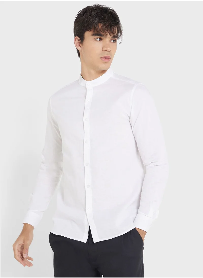 روبرت وود Men White Slim Fit Linen Casual Shirt