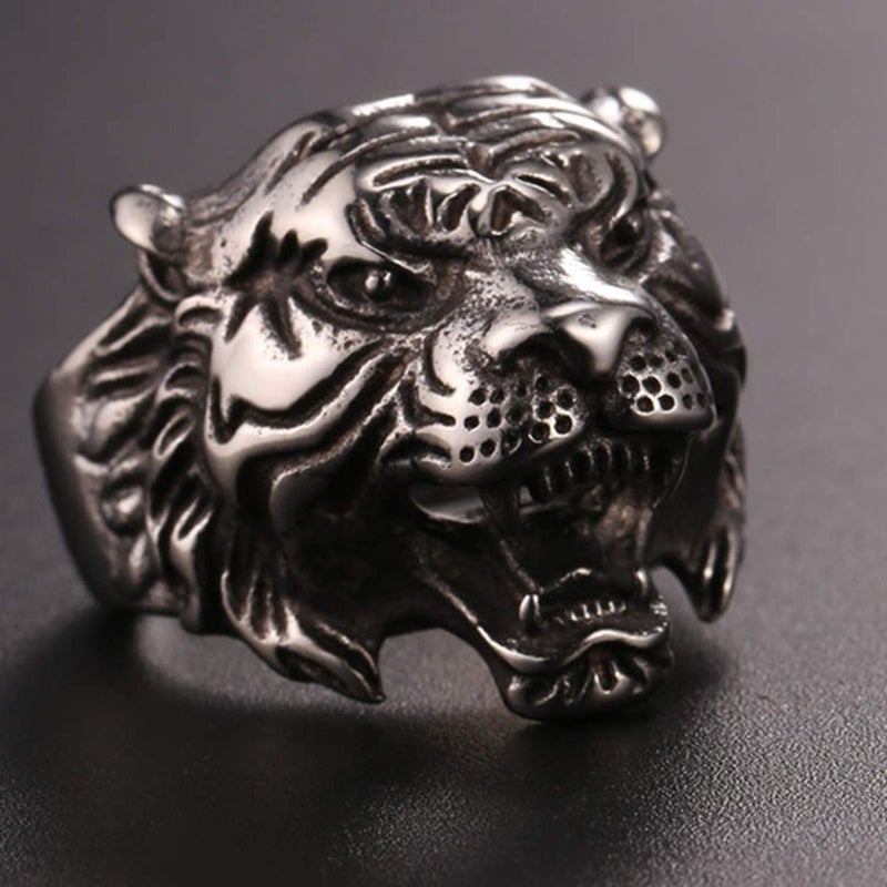 U7 Men Personalized Tiger Head Ring Vintage Enamel Black Stainless Steel Gothic Biker Rings, Statement Animal Rings for Party, Size 7 - Image 3