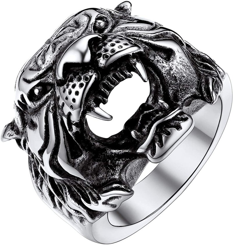 U7 Men Personalized Tiger Head Ring Vintage Enamel Black Stainless Steel Gothic Biker Rings, Statement Animal Rings for Party, Size 7 - Image 1