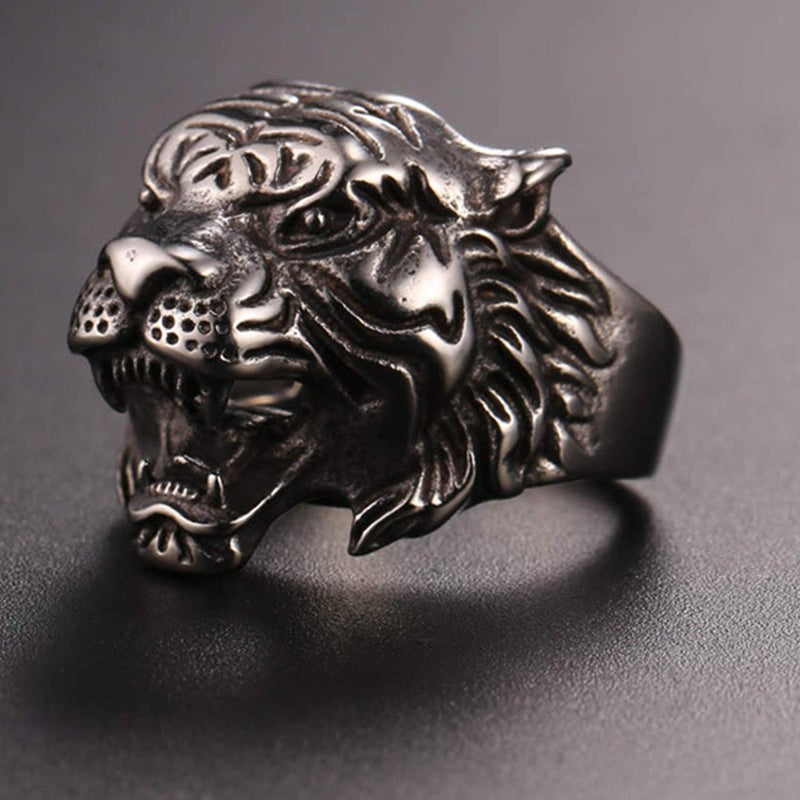U7 Men Personalized Tiger Head Ring Vintage Enamel Black Stainless Steel Gothic Biker Rings, Statement Animal Rings for Party, Size 7 - Image 2
