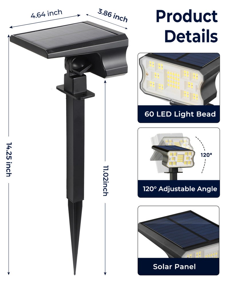 HGGH Solar Lights Outdoor Waterproof IP67, 60 LED 3 Lighting Modes Solar Spot Lights Outdoor for Yard Garden Pathway Landscape, Auto On/Off, Function 2 in 1(Cool White, 4 Pack) - Image 2