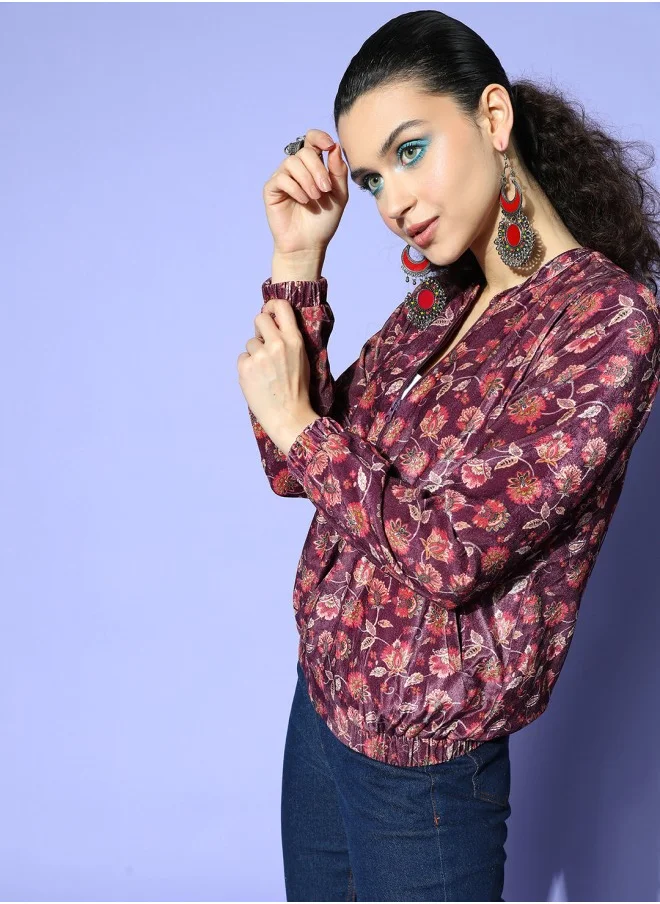 آي شين Aline Fit Self Design Pattern Round Neck Long Sleeves Burgandy Colour Woven Cotton Jacket for Women with Semi Elastic Closure - A Statement Piece for Every Look