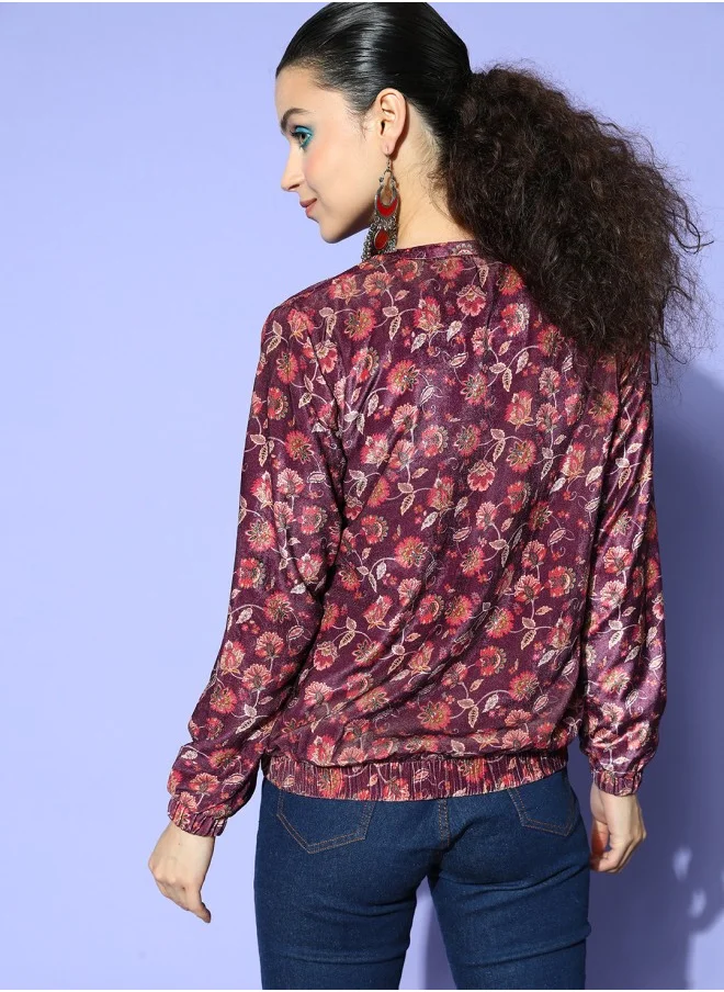 آي شين Aline Fit Self Design Pattern Round Neck Long Sleeves Burgandy Colour Woven Cotton Jacket for Women with Semi Elastic Closure - A Statement Piece for Every Look
