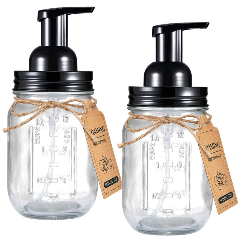 Amolliar Mason Jar Foaming Soap Dispenser Plastic Pump Rustproof Stainless Steel Lid Waterproof Label Rustic Farmhouse Decor Hand Soap Dispenser Dish Soap for Bathroom Kitchen Bath Black 2 Pack