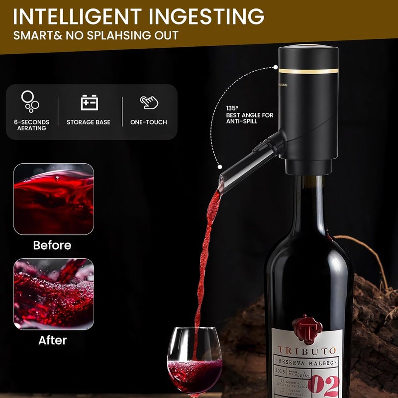 BLUBYEES 3-in-1 Electric Wine Aerator & Decanter Set with Stand Base - Automatic Pump Dispenser, Retractable Tube, and Built-in Pourer, Ideal Gift for Wine Lovers - Image 2