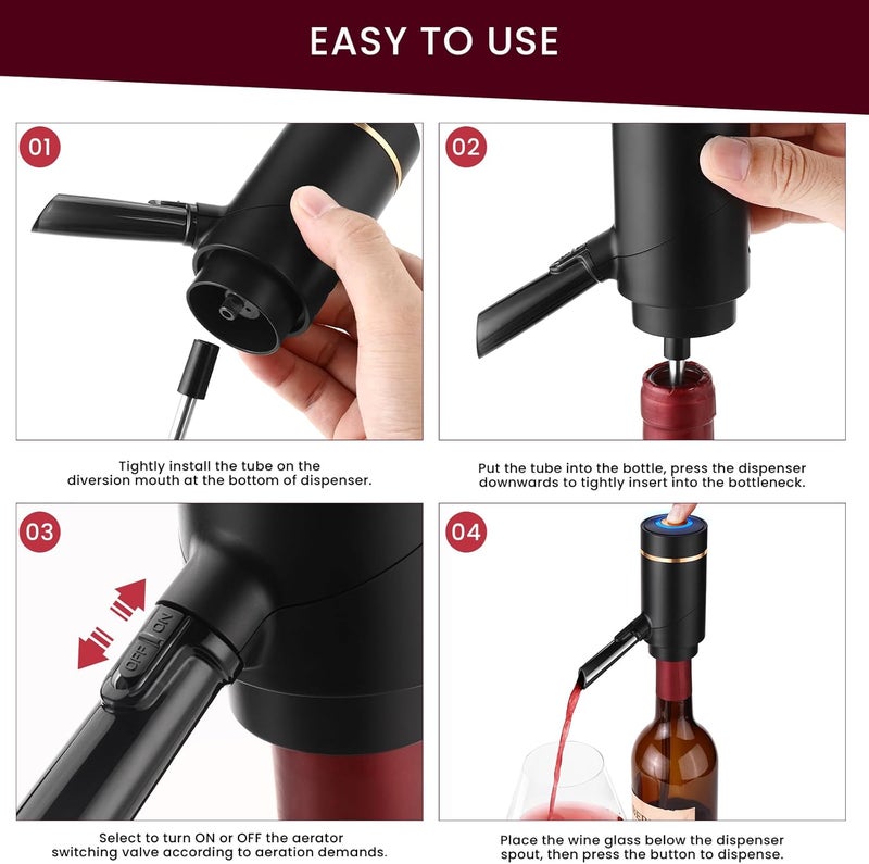 BLUBYEES 3-in-1 Electric Wine Aerator & Decanter Set with Stand Base - Automatic Pump Dispenser, Retractable Tube, and Built-in Pourer, Ideal Gift for Wine Lovers - Image 5
