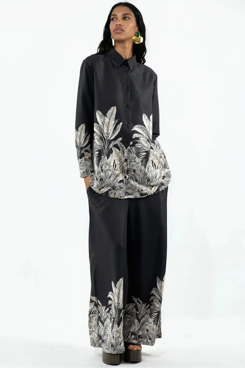 جينيفر Floral Satin Shirt And Wide-Leg Skirt Set