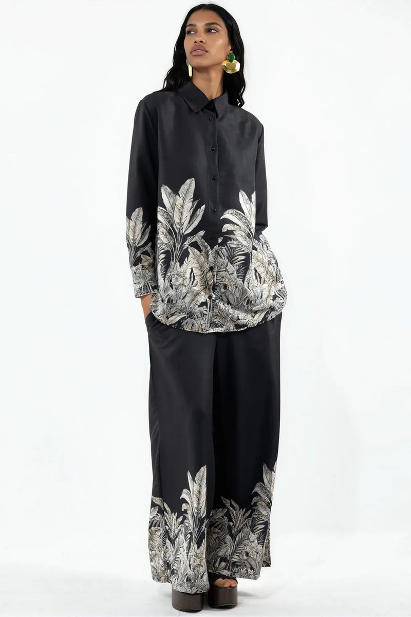Jennyfer Floral Satin Shirt And Wide-Leg Skirt Set - Image 1