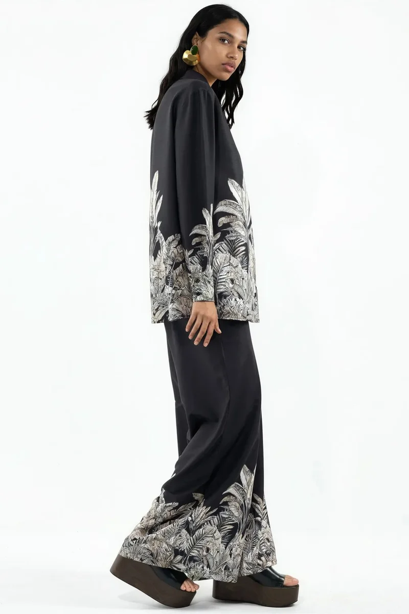 جينيفر Floral Satin Shirt And Wide-Leg Skirt Set