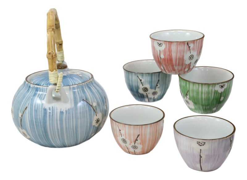 Ebros Gift Japanese Design Four Seasons Collection Spring White Cherry Blossom Ceramic Tea Pot and Cups Set Serves 5 Guests Excellent Colorful Home Decor Asian Living Decorative Accent Teapot sets - Image 4