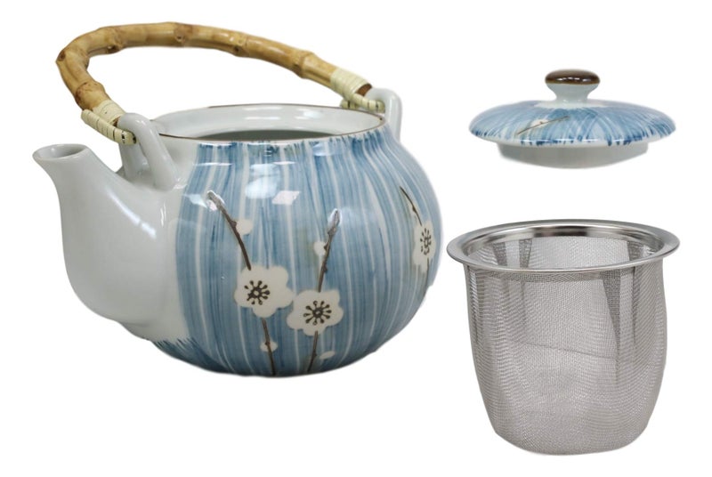 Ebros Gift Japanese Design Four Seasons Collection Spring White Cherry Blossom Ceramic Tea Pot and Cups Set Serves 5 Guests Excellent Colorful Home Decor Asian Living Decorative Accent Teapot sets - Image 3