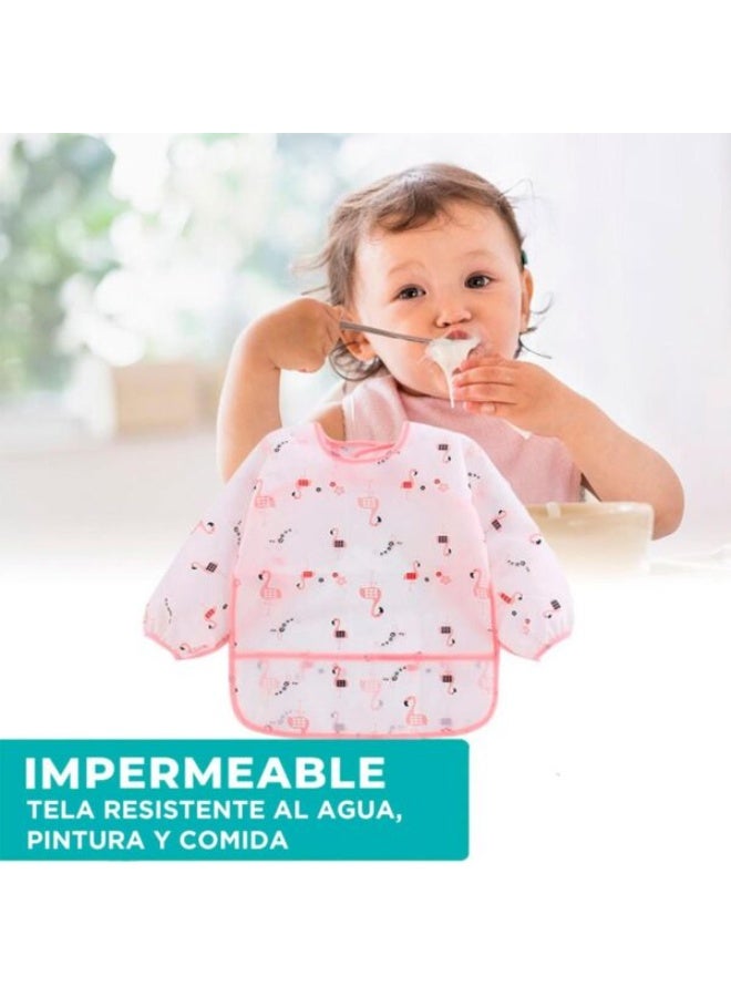 NIKITA.VIVI مريلة طعام للأطفال بمواضيع فلامنجو بأكمام طويلة مقاومة للماء مع جيب مريلة طعام سهلة الاستخدام - Image 3