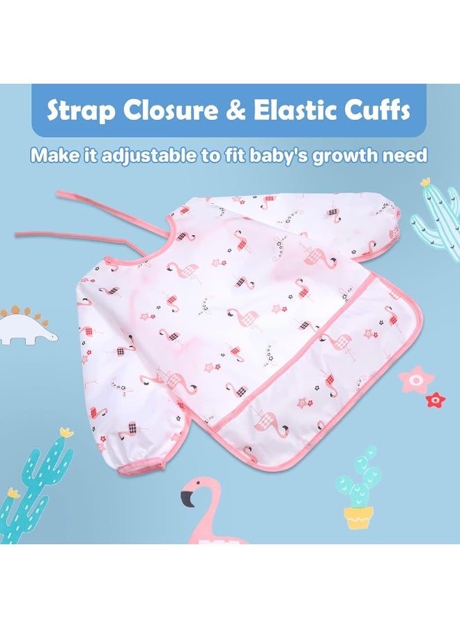 NIKITA.VIVI مريلة طعام للأطفال بمواضيع فلامنجو بأكمام طويلة مقاومة للماء مع جيب مريلة طعام سهلة الاستخدام - Image 2