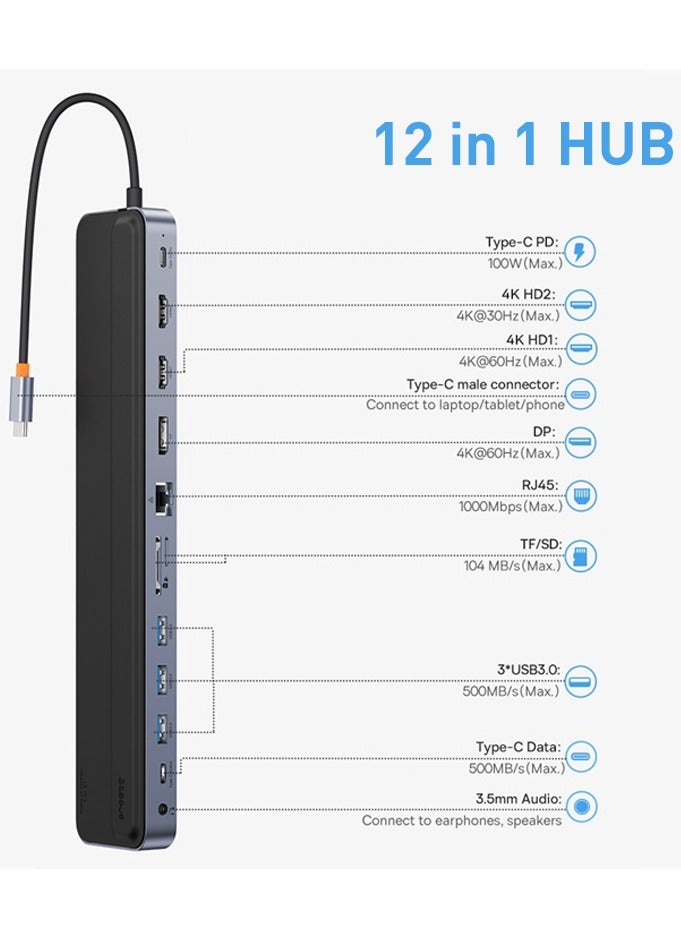 بيسوس محول موزع من النوع C من Elitejoy Gen2 مزود بـ 12 منفذًا باللون الرمادي الداكن (من النوع C إلى HDMI*2+Usb3.0*3+Pd*1+Dp*1+Sd/Tf*1+Rj45*1+Type-C Data*1+3.5Mm*) - Image 4