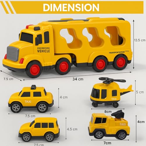 GRAPHENE 5-in-1 Pull Back Friction-Powered Transport Truck Set Light & Music Montessori Carrier Educational Vehicle Mini Helicopter Taxi Toy Boys & Girls Fun Birthday Gift for Kids Ages 3+8years - Image 2