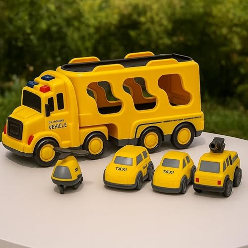 GRAPHENE 5-in-1 Pull Back Friction-Powered Transport Truck Set Light & Music Montessori Carrier Educational Vehicle Mini Helicopter Taxi Toy Boys & Girls Fun Birthday Gift for Kids Ages 3+8years - Image 1